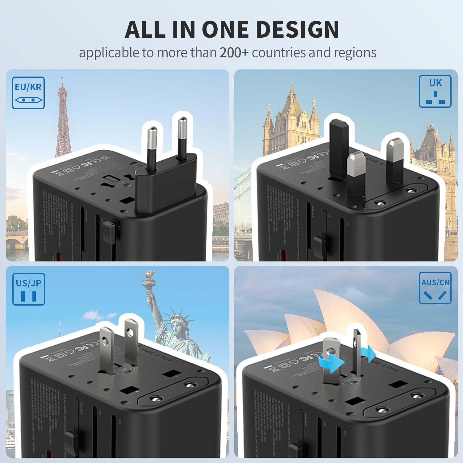 EPICKA Universal Travel Adapter, GaN International Plug Adapter with 3 USB-C 70W PD Fast Charging & 2 USB-A Adaptor All-in-one Wall Charger for USA EU UK AUS (TA-105 Pro, Black) - Image 2